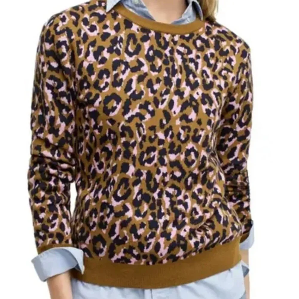 J. Crew Leopard Print Crewneck Sweater in Mod Leopard Bronzed Moss Pink Wool